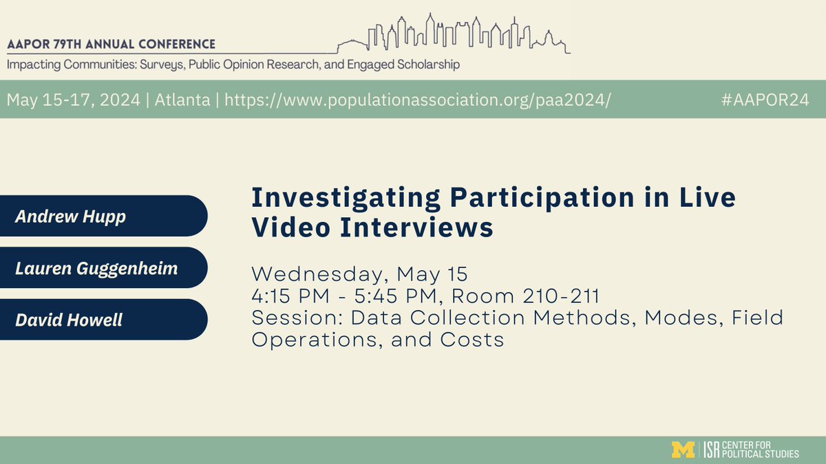 In preparation for the 2024 ANES, @electionstudies conducted a methodological pilot to investigate the effects of timing and type of incentive offered for participating in live video interviews. Andrew Hupp, @LGuggen and David Howell present tomorrow at #AAPOR24. @umisrcps