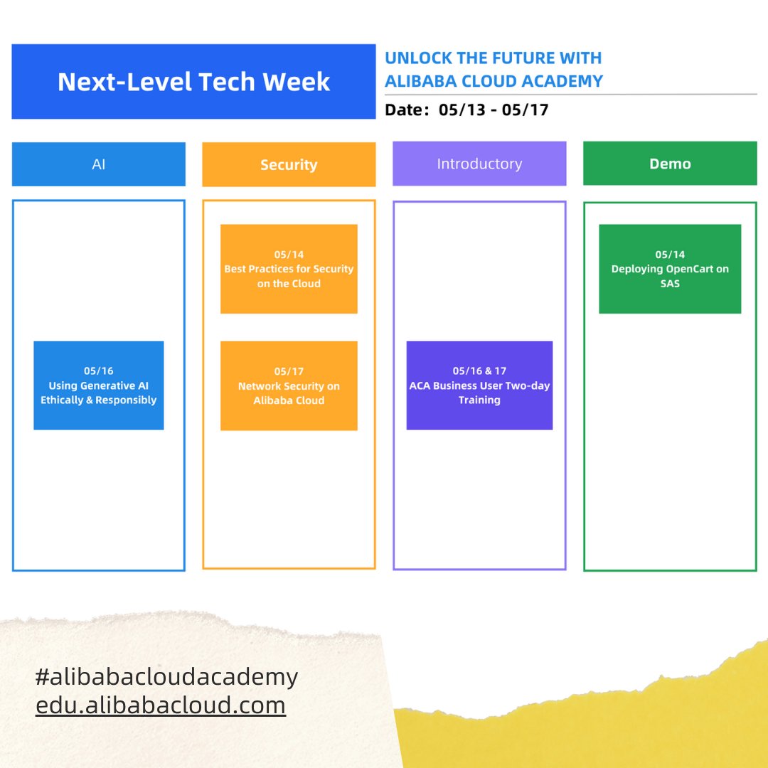 🎉 This week’s all about leveling up! 🚀 Join us at #AlibabaCloudAcademy for: 🤖Ethical AI Use ➡️ 🔒 Cloud & Network Security ➡️ 💼 Intense 2-day Business Training ➡️ Ready to rock the tech world? Let’s unlock the future together! 🌟 > edu.alibabacloud.com/training/upcom… #TechWeek #AI