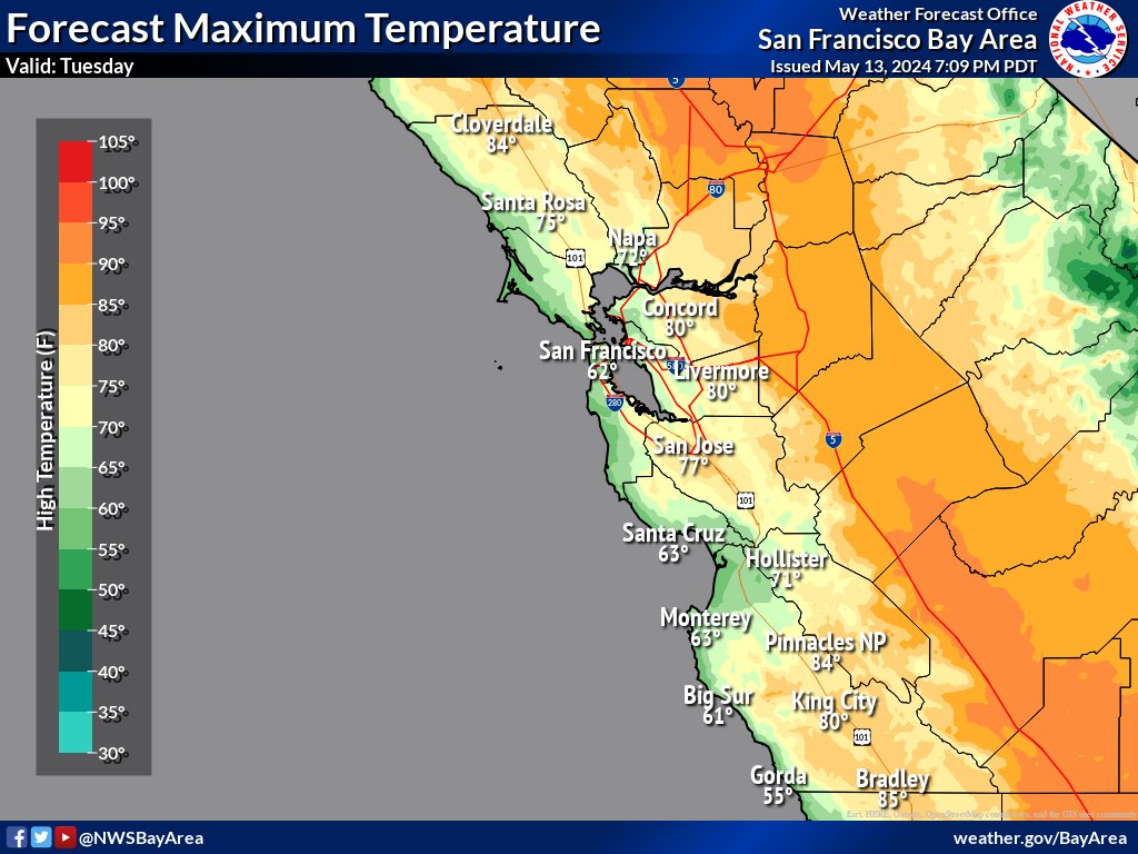 A slight warming trend is expected across the interior on Tuesday, but only by a few degrees. The coast will remain cloudy and cool however. Temperatures will warm into the mid 70's to lower 80's inland while 60's persist closer to the coast. #CAwx #BayAreaWX