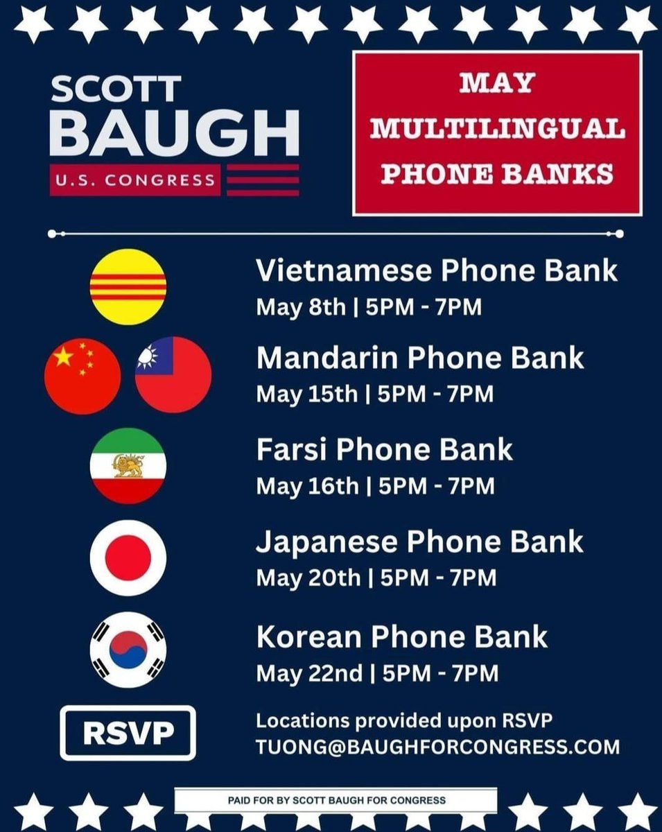 This is my last political volunteer event in #OrangeCounty before the final move! Come out and help @ScottBaughCA47 on Thursday the 16th as we phone bank in Farsi!