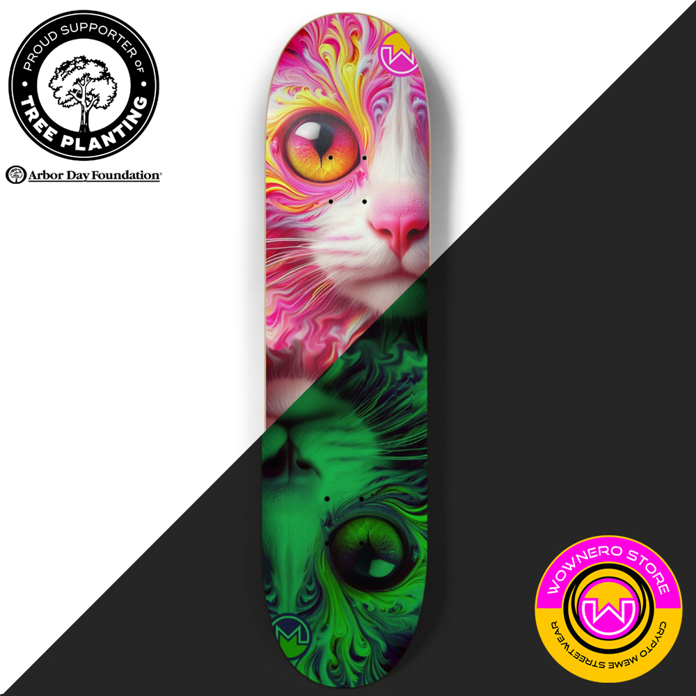 For each glow in the dark #Wownero art deck sold, our #Denver board supplier and @arborday will plant a tree. 
Breathe, skate, repeat.
#Trippy #Kitty #skateboard
wownero.store/b/trippykitty
