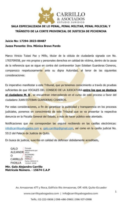 Ciudadano que sigue una causa en contra de <a href="/JuanEGuarderas/">Juan E. Guarderas</a> denuncia que el vocal del Consejo de la Judicatura <a href="/MerckBenavides/">Dr. Merck Benavides Benalcázar</a> realiza gestiones en favor del vocal del <a href="/CpccsEc/">Participa Ecuador</a> 
<a href="/solandagoyes/">Solanda Goyes</a>