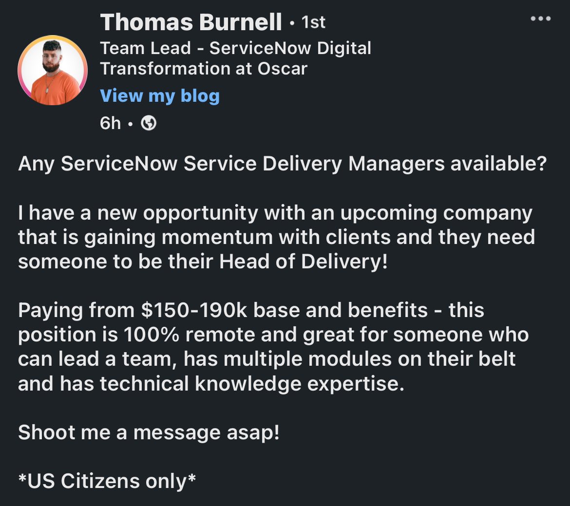 Remember last week I stated there’s so much more to just ServiceNow Dev & Admin roles? Look at this! Service Delivery Managers is a great role in the SN ecosystem and the pay is immaculate.