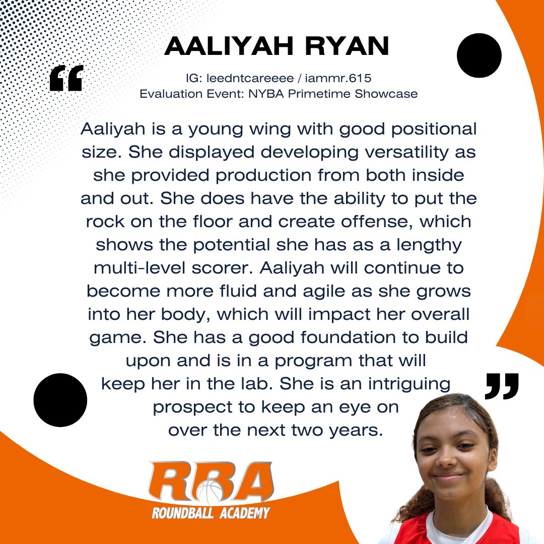 Aaliyah Ryan (5'9/SF/'28/Team Tae) is a young prospect with a lot of potential. Her game is worth following as she begins to put it all together.         #RBANoticeables #RoundballAcademy #RBA #TerryDrakeBasketball #TerryTalks @essencegirlsbb @NYBABasketball