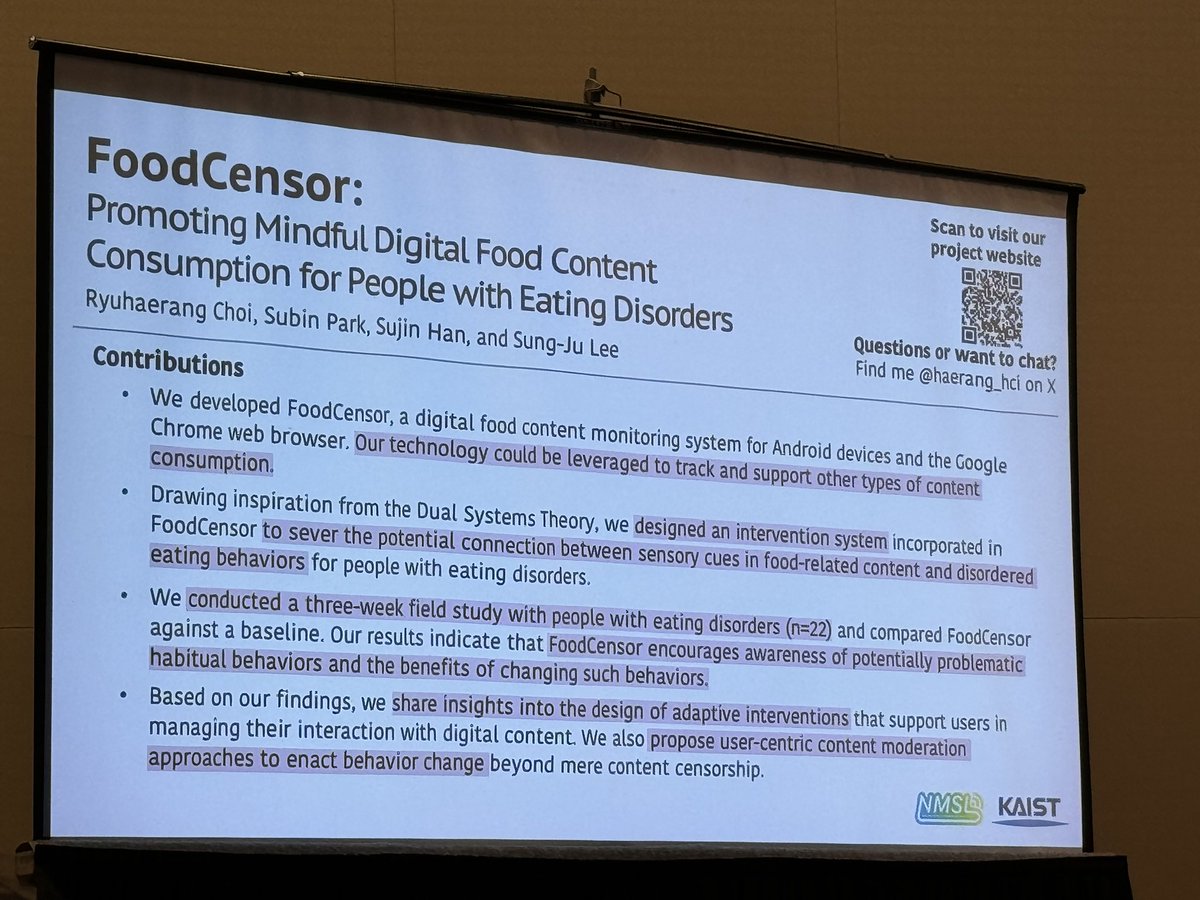 Great #CHI2024 talk by <a href="/haerang_hci/">Ryuhaerang Choi @CHI2025</a> on helping users to control exposure to food content on social media. We are presenting our <a href="/RHEDC_Project/">RHED-C</a> work on remote healthcare for eating disorders (video stream 4pm tomorrow). Hopefully catch you for a chat to discuss shared interests 😊