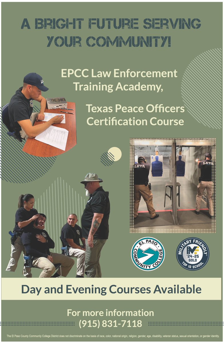 Next EPCC Law Enforcement Training Academy day course starts June 24th. For more info visit go.epcc.edu/LETA or call (915) 831-7118.