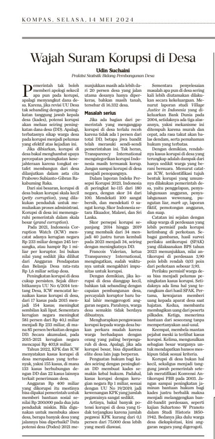 Tulisan saya (14/05/2024) di Kompas “Wajah Suram Korupsi di Desa”

Jangan sampai melanggengkan bandit-bandit perdesaan, spt kajian Suhartono W Pranoto dlm Studi Historis 1850-1942. Bedanya, dulu warga dieksploitasi, kini anggaran negara digerogoti.

Baca : kompas.id/baca/opini/202…
