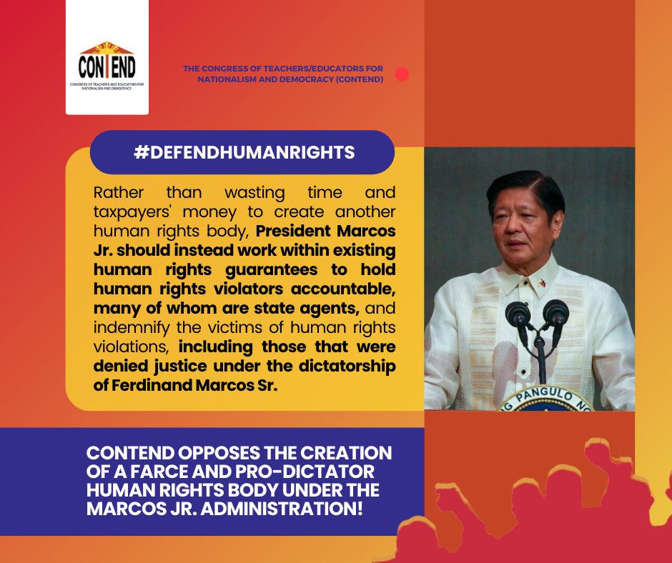 CONTEND OPPOSES THE CREATION OF A FARCE AND PRO-DICTATOR HUMAN RIGHTS BODY UNDER THE MARCOS JR. ADMINISTRATION!

Read the full statement: facebook.com/photo/?fbid=85…

#DefendHumanRights
#DefendTheDefenders
#JunkTerrorLaw
#AbolishNTFELCAC
#NotoUSWarsofAgression 
#ResumePeaceTalks