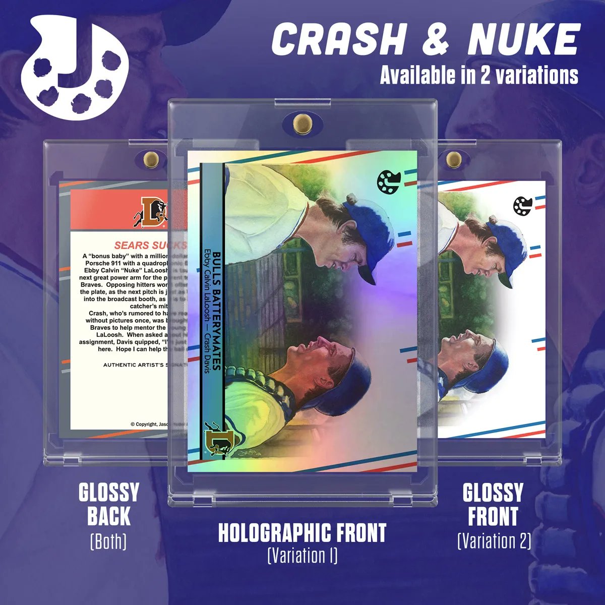 JasonYoderArt's tweet image. "Sears sucks." Live on the website: 2 variations of my custom Crash Davis/"Nuke" LaLoosh retro 80s baseball art cards. Features my original artwork. Each card is signed &amp;amp; numbered as a very limited edition of only 6 per version. Get them before they're gone! *Link in bio!