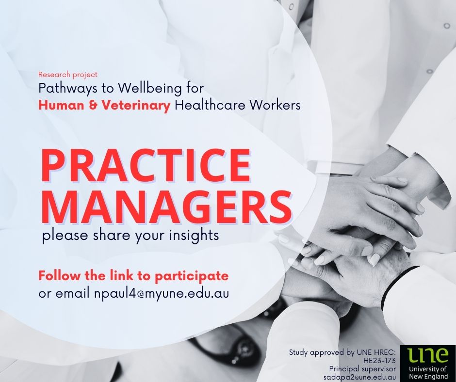 Join our research aiming to enhance #HealthcareWorkerWellbeing Follow the link if you’re 18+ & manage a human or veterinary health clinic unesurveys.au1.qualtrics.com/jfe/form/SV_0u… Questions? Contact npaul4@myune.edu.au This study is part of my PhD @UniNewEngland Approved by UNE HREC (HE23-173)