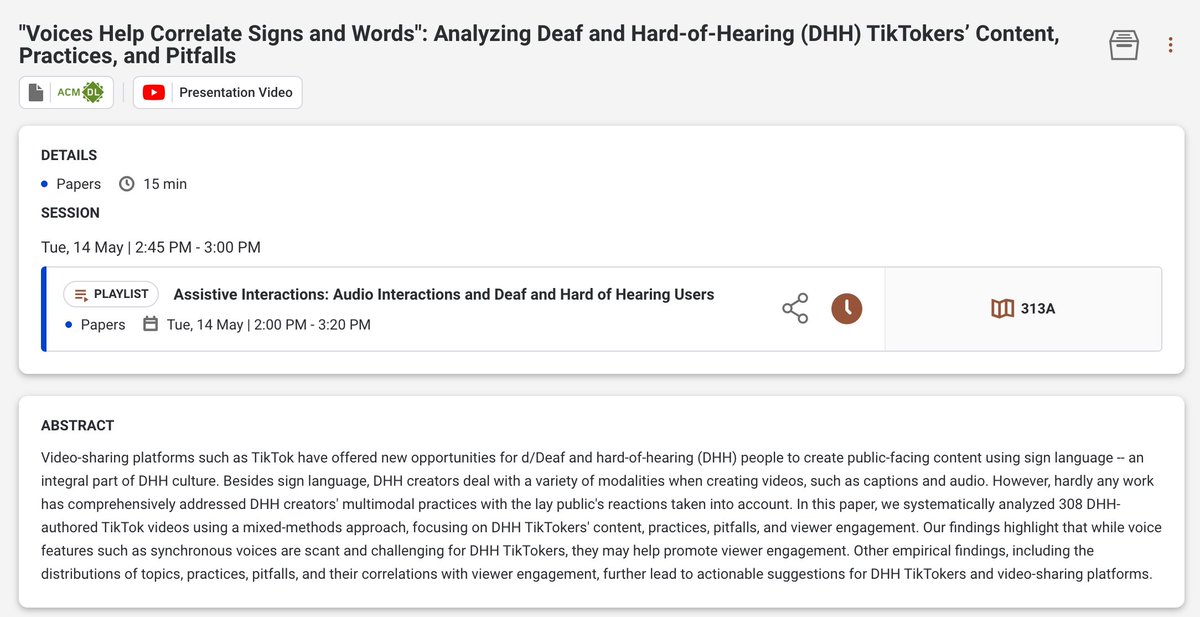 Glad to have concluded my first talk at #CHI2024! Next step will be giving my second talk on deaf and hard-of-hearing (DHH) TikTokers' content creation topics, practices, and pitfalls.

🚩 313A
🕑 Tue, 2:00-3:20 pm

programs.sigchi.org/chi/2024/progr…