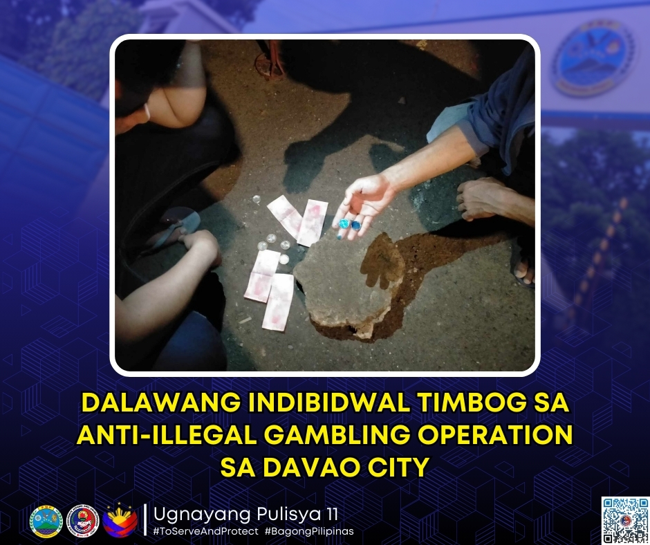 Dalawang Indibidwal Timbog sa Anti-Illegal Gambling Operation sa Davao City

Para sa iba pang detalye, bisitahin:
web.facebook.com/PCADGRegion11/

#TeamPRO11
#ToServeAndProtect
#BagongPilipinas
#UgnayangPulisya11
#DitoSaBagongPilipinasAngGustoNgPulisLigtasKa