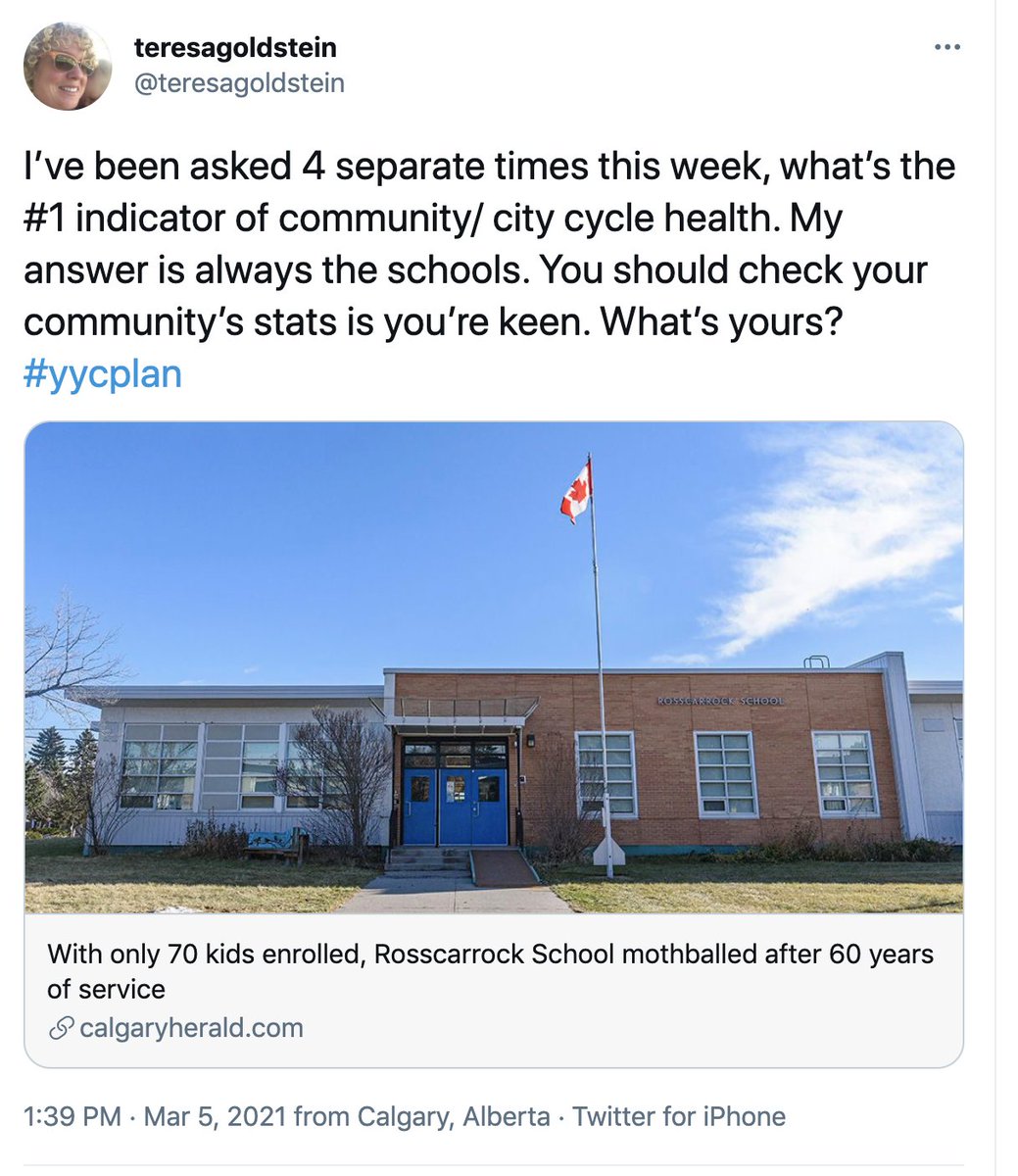 According to Teresa Goldstein, Manager of Planning, Advisory and Coordination SCHOOLS are the #1 indicator of community / city cycle health. Many established area schools are AT or OVER capacity. Does Dr. Teresa Goldstein stand by her words? #yyccc