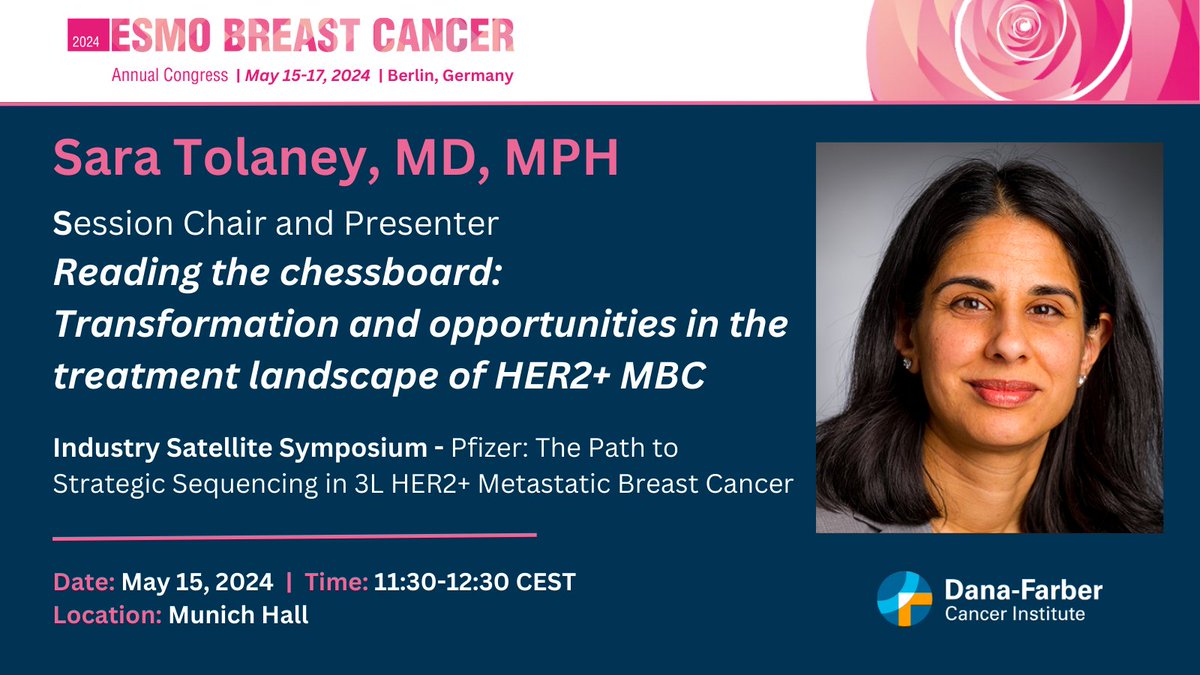 Dr. Sara Tolaney (@stolaney1) will chair the #ESMOBreast24 Pfizer Industry Satellite Symposium on strategic sequencing in 3L HER2+ #MetastaticBreastCancer on May 15th at 11:30 CEST. She will also discuss the treatment landscape of HER2+ #MBC 👇👇👇 cslide.ctimeetingtech.com/breast24hybrid…