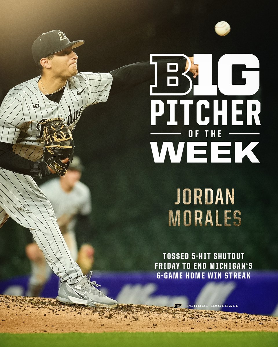 Our Ace gets honored for his shutout at Michigan, our 1st in Ann Arbor since 1993. #BoilerUp ♠️♦️♣️♥️ Jordan @ITSJMO18 Morales is the 1st #Boilermaker to win Big Ten Pitcher of the Week in May since B1G Pitcher of the Year Joe Haase in 2012. 📰 boile.rs/Morales51324