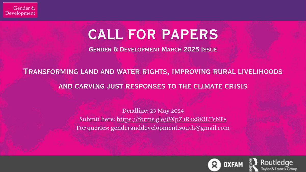 10 Days to go! Inviting proposals for Special Issue on 'Transforming land and water rights, improving rural livelihoods and carving just responses to the climate crisis' Read detailed call here: tinyurl.com/3pmb48fh Submit here: forms.gle/GXpZ4R48SiGLTs… Deadline: 23 May 2024