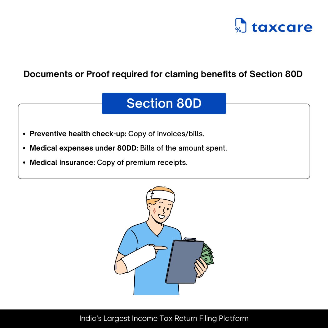 taxcareapp's tweet image. To claim benefits under Section 80D of the Income Tax Act, you will need to submit documents such as medical insurance premium receipts, payment details, and policy documents. 🏥💸#TaxSavings #ClaimBenefits #Section80D #TaxcareApp #IncomeTaxFiling #IncomeTax #incometaxindia