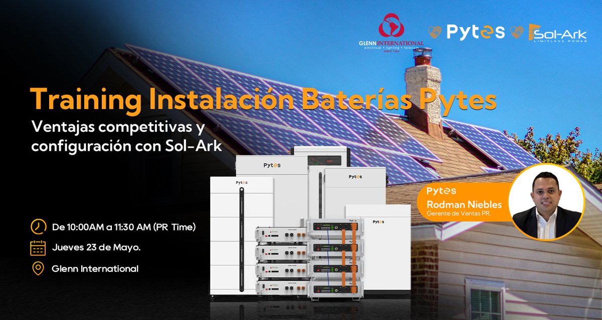 Estamos encantados de colaborar con <a href="/GlennInt/">GlennInternational</a>  para organizar este entrenamiento. Tendremos la presencia del gerente de ventas de Pytes, Rodman, quien compartirá con todos nosotros los métodos de instalación de las baterías Pytes con los inversores solares de <a href="/SolArkSolar/">Sol-Ark</a> .