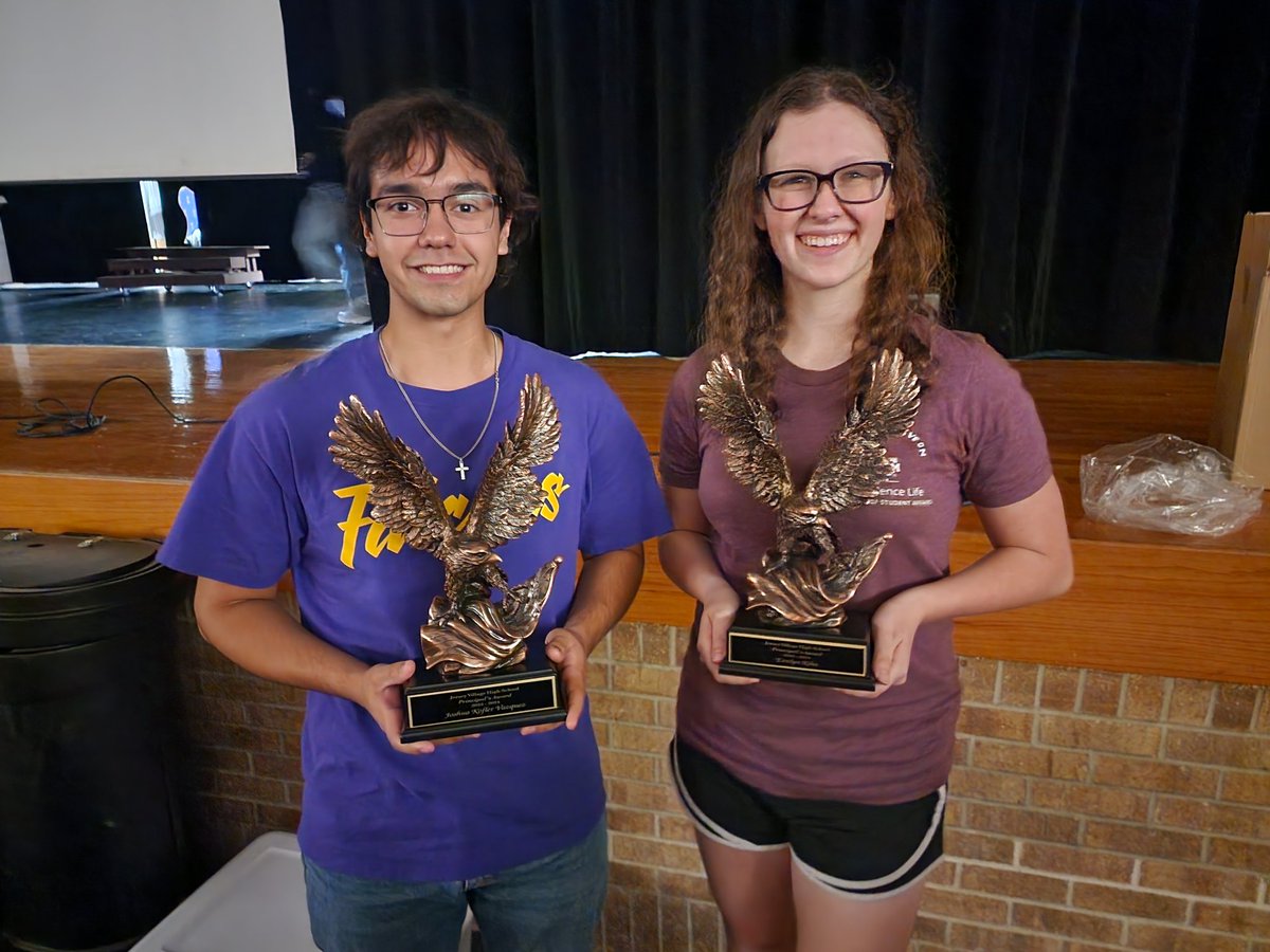 These 2 @JerseyVillageHS Falcon seniors are a shining example of all that is great about the Class of 2024.  And this year's Principal Award goes to Joshua Kofler Vazquez and Evie Riha, the kindest, sweetest, hard-working Falcons.  #lovemyvillage