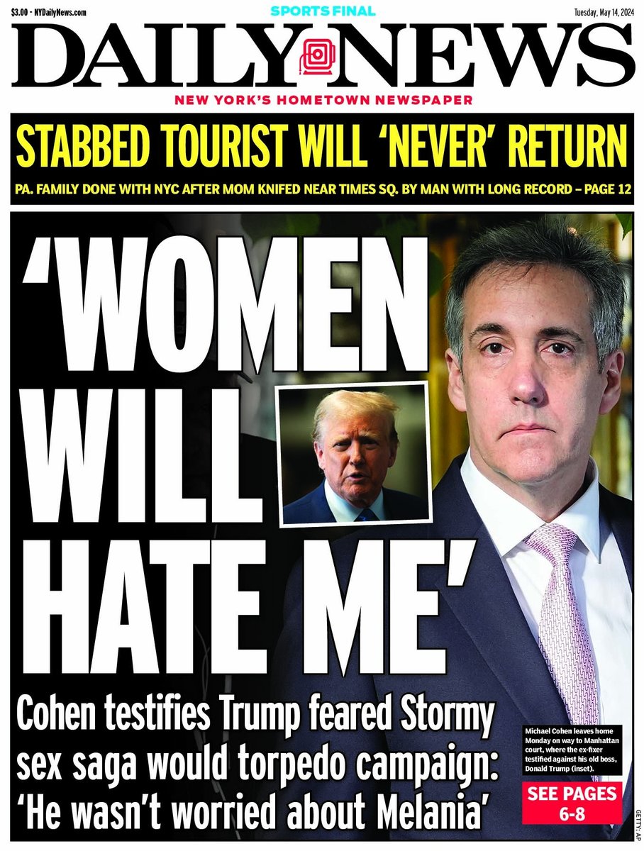 'WOMEN WILL HATE ME' Cohen testifies Trump feared Stormy sex saga would torpedo campaign: 'He wasn't worried about Melania' bit.ly/3QFVBm7 Stabbed tourist will 'never' return Pa. family done with NYC after mom knifed by man with long record bit.ly/3QJreuR