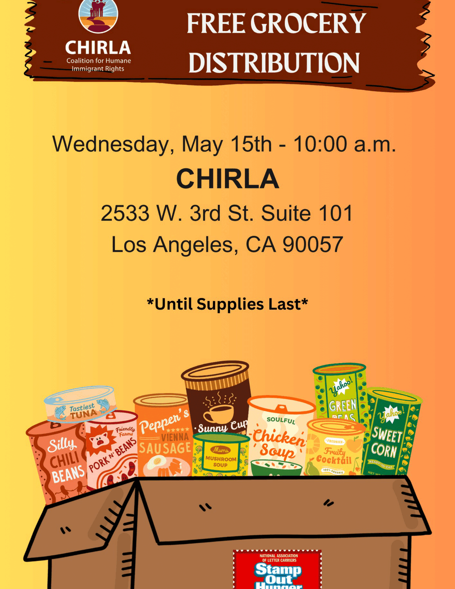 CHIRLA's tweet image. 🚨CALLING ALL LA RESIDENTS!🚨 

Don’t miss this ✨FREE✨ food distribution event THIS WEDNESDAY, May 15 at CHIRLA’s LA office! Share with your community &amp;amp; we’ll see you there! ⤵️

#CommunityResource #FoodDistribution #LA