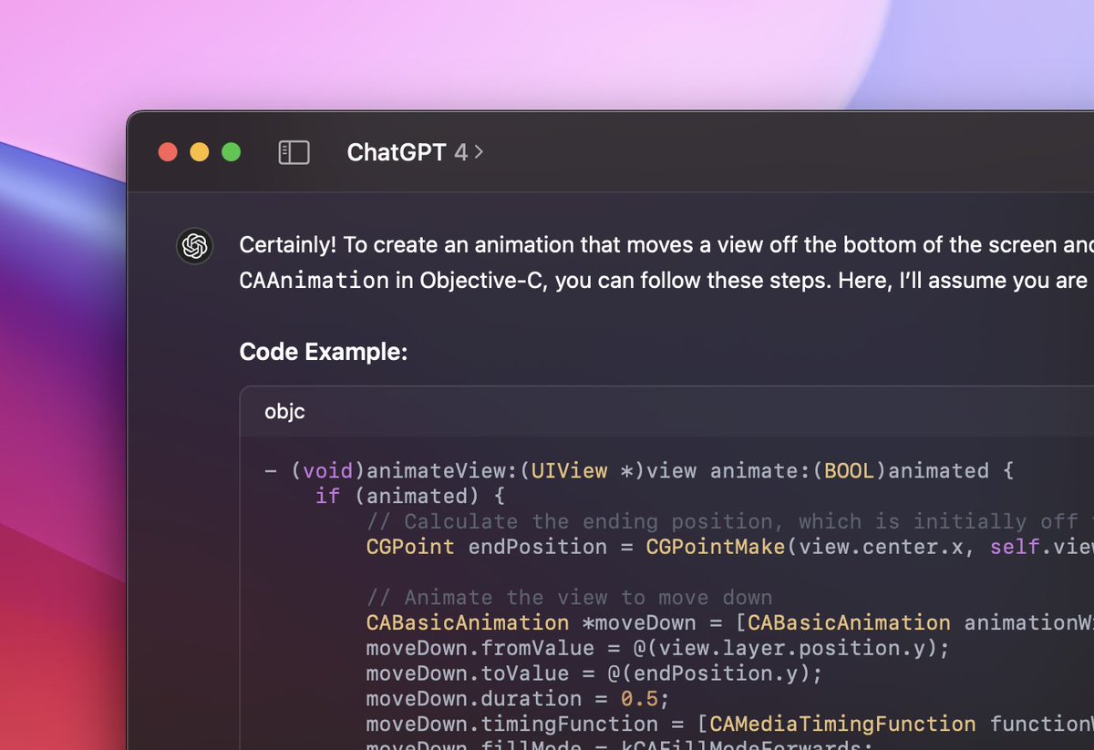 ChatGPT for Mac has really beautiful code formatting blocks that incorporate subtle transparency and vibrancy effects. This is why everyone prefers native Mac apps.