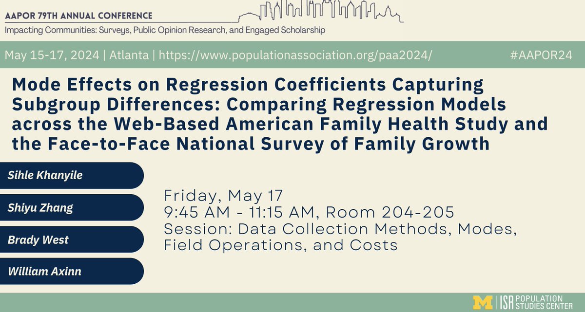 At #AAPOR24 tomorrow, @Sihle_Khanyile_ et al investigate differences between self-administered and face-to-face modes in population inferences related to regression coefficients that capture subgroup differences. The study focuses on sensitive health and reproductive measures.