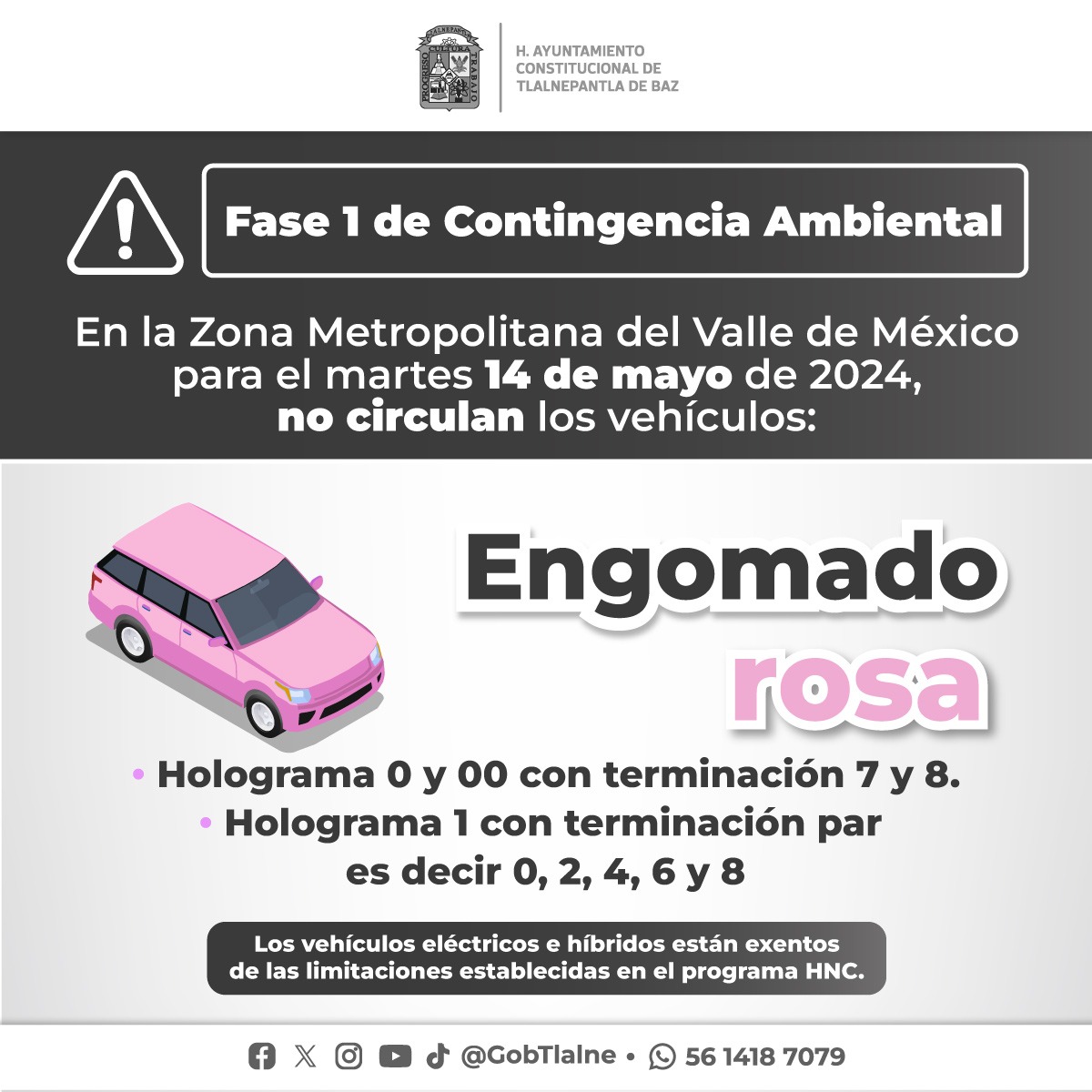#AvisoImportante Tras la declaración de #ContingenciaAmbiental por parte de la CAMegalópolis, se activa el programa #HoyNoCircula para vehículos con engomado rosa. Toma tus precauciones.