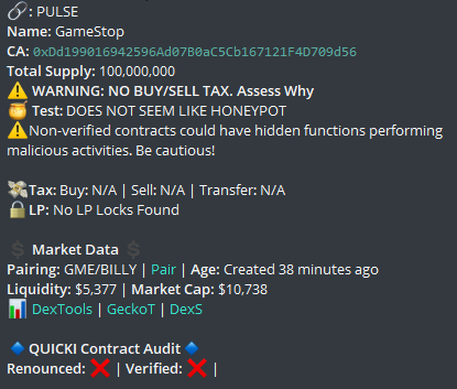 @FeineCapital $GME on #PulseChain was checked and aped in a TG I'm in at $11K 🔥