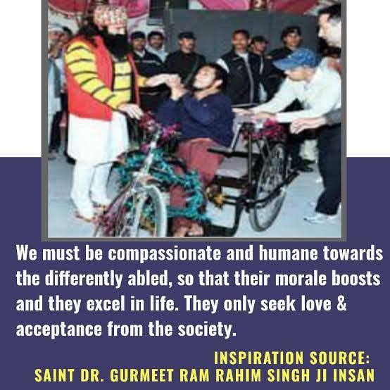 Disability can be minimised if proper opportunities & guidance are provided to a disabled. To uplift their enthusiasm, Ram Rahim Ji started #साथी_मुहिम under which #DeraSachaSauda provides wheelchair,Tricycle,crutches and medical aid to such people at free of cost to help them.