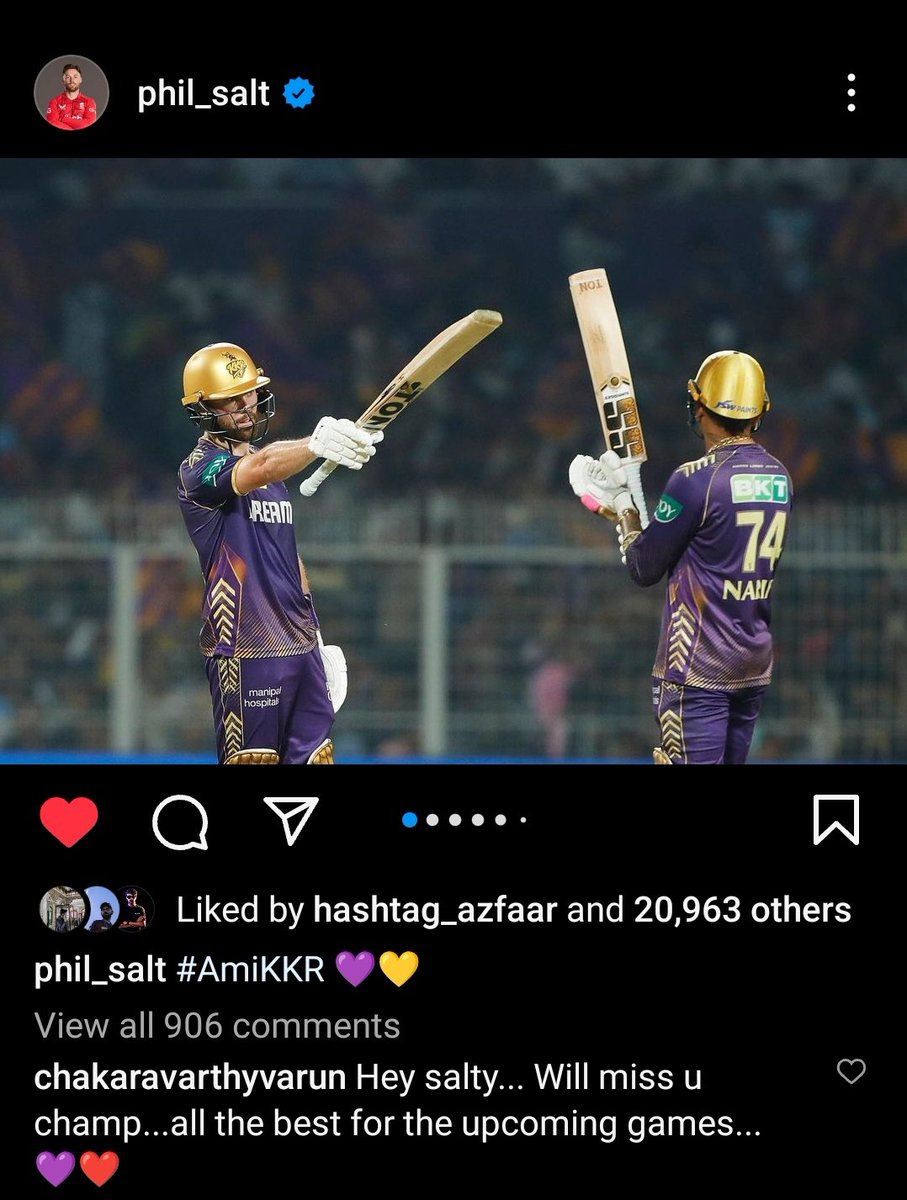 📸Phil Salt via Instagram 💜

Varun Chakravarthy replies 'Hey salty, Will miss you champ, all the best for the upcoming games.'

We are all gonna miss our Salty💜