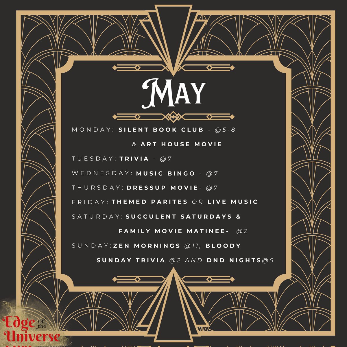 Come find some release from your day. Our weekly repeating schedule to help you find that spark!

#WeeklyRoundup #EventfulWeek #WeeklyHighlights #ThisWeekInEvents #WeeklyRecap #DailyDigest #DailyRecap #TodayInUpdates #DailyHighlights #UpdatesOfTheDay