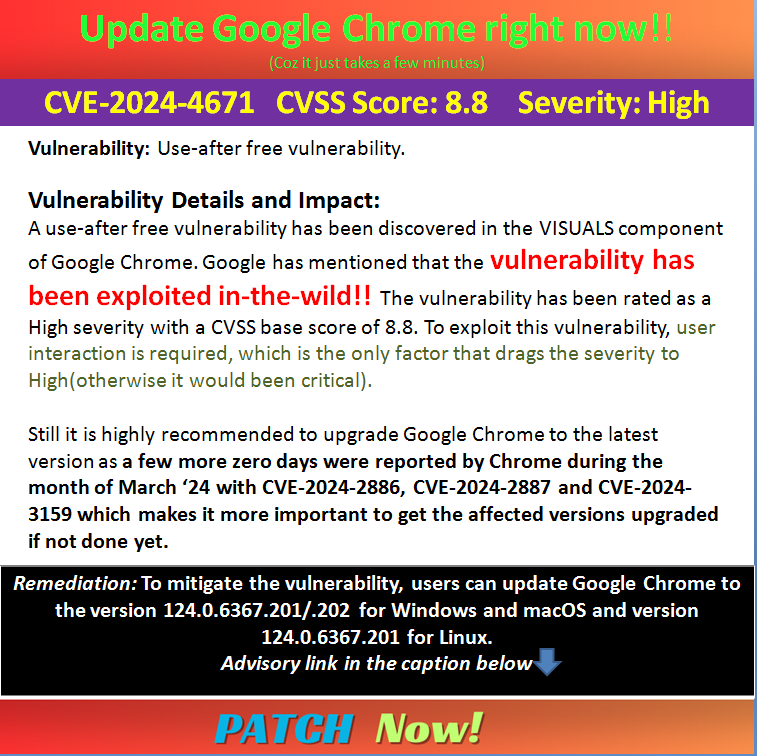 Patch Google Chrome right now!! Just takes a few minutes..CVE-2024-4671
#PatchNow

#cybersecurity
#hacked
#Cyberattack
#infosec
#CyberSecurityAwareness
#DataBreach
#zeroday
#0day