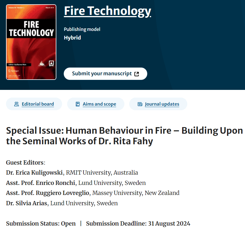 IAFSS (@iafss) on Twitter photo Special Issue: Human Behaviour in Fire – Building Upon the Seminal Works of Dr. Rita Fahy (Deadline: 31 Aug 2024) <a href="/FireTechnology/">Fire Technology journal 🔥📕 - NFPA SFPE</a>
link.springer.com/journal/10694/… Special Issue: Human Behaviour in Fire – Building Upon the Seminal Works of Dr. Rita Fahy (Deadline: 31 Aug 2024) <a href="/FireTechnology/">Fire Technology journal 🔥📕 - NFPA SFPE</a>
link.springer.com/journal/10694/…