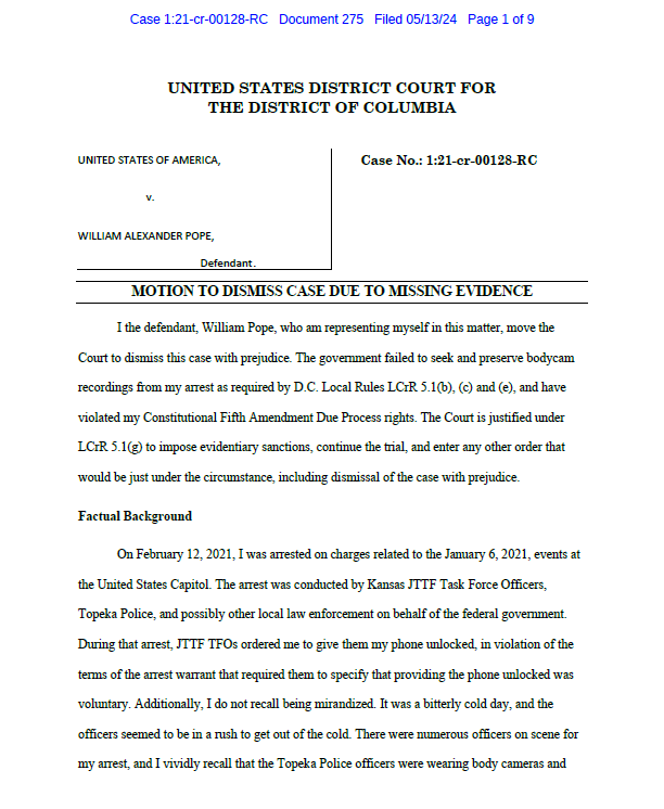 I've filed a motion to dismiss my case due to missing discovery. The government claims they cannot find the bodycams from my arrest which would show they improperly served the warrant. Full PDF: dropbox.com/scl/fi/lp2cech…