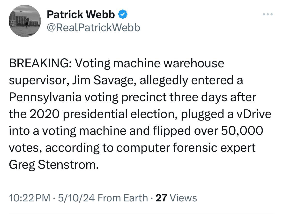 🚨MASSIVE VOTE FLIPPING EXPOSED IN Pennsylvania during the  2020 Election Coup‼️🚨

Voting machine supervisor, Jim Savage, allegedly entered a Pennsylvania voting precinct 3 days after the 2020 presidential election, plugged a vDrive into a voting machine & flipped over 50,000