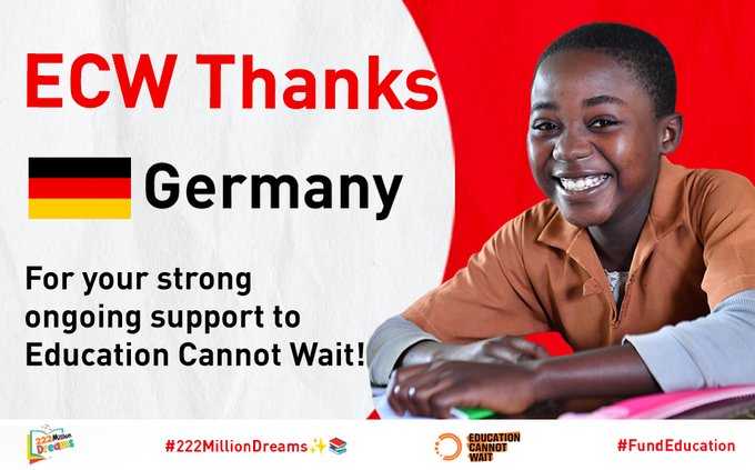 Thank-you #Germany🇩🇪 for your strong ongoing support to 
@EduCannotWait!🙏✨

For crisis-affected girls/boys, education is a promise of a better tomorrow.

Together we can make the dreams of crisis-affected children come true!

@UN @BMZ_Bund @SvenjaSchulze68 #222MillionDreams📚