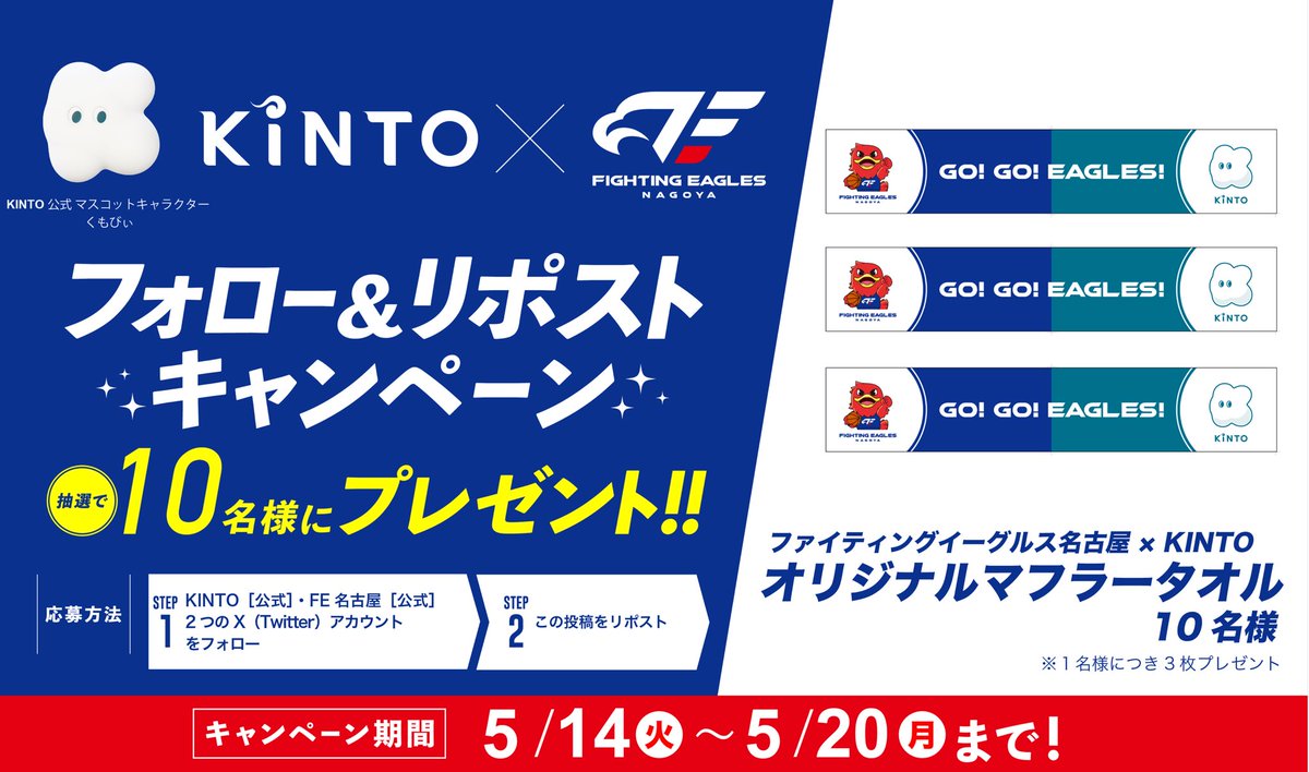 ／
#KINTO × #FE名古屋
フォロー&リポストキャンペーン‼️🌟
＼

「 ファイティングイーグルス名古屋×KINTO オリジナルマフラータオル」を抽選で10名様にプレゼント🎁
※1名様につき3枚プレゼント

応募方法
①@KINTO_JP と@FE_758 の2アカウントをフォロー
②この投稿をリポスト

✅応募期間