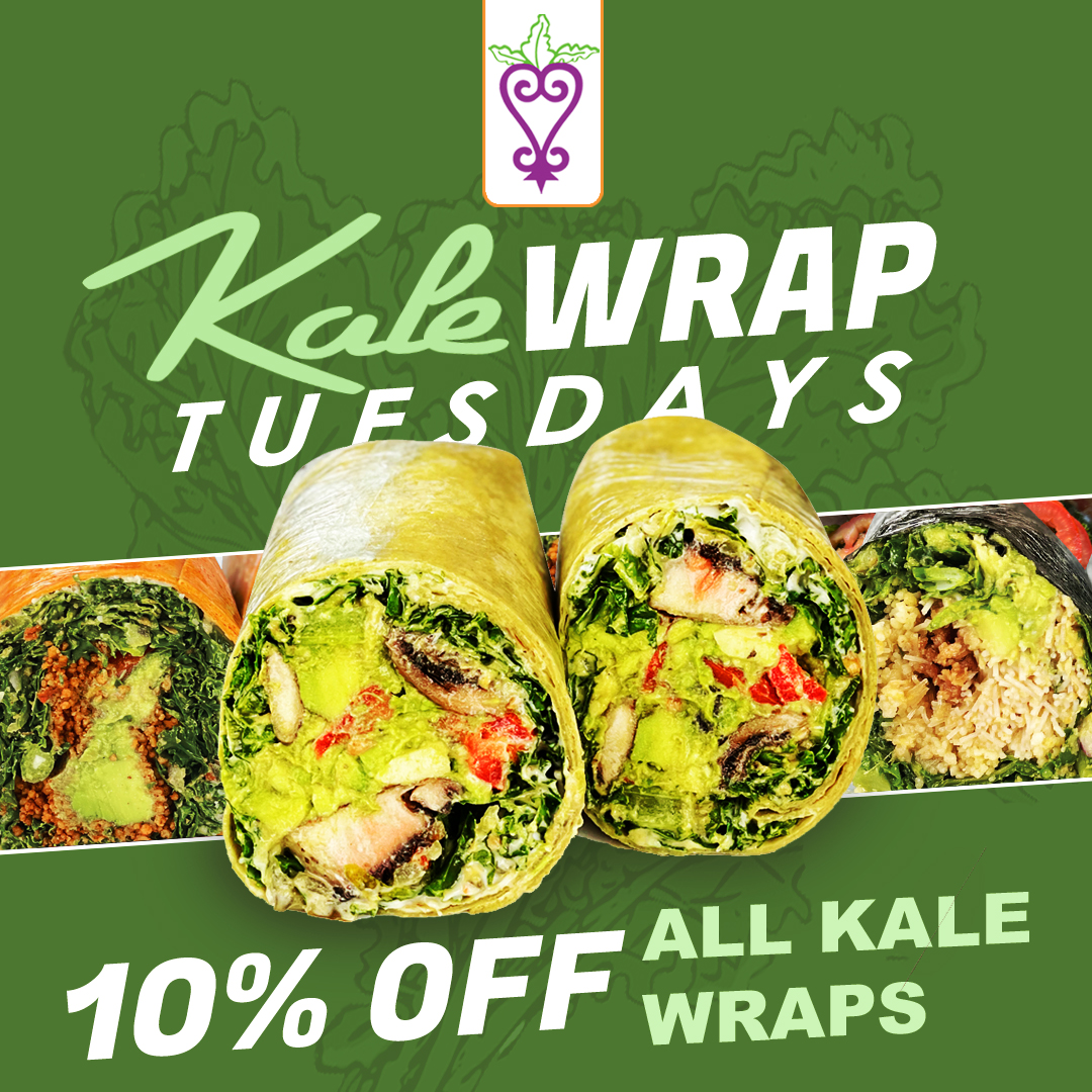 Let's kale-brate! Tuesdays are the perfect day for Kale-wrap lovin' with 10% off all Kale-wraps! Get yours now! (Grab & Go Wraps Not Optional, Made To Order Only!)
#kalewraptuesdays #tastykalewraps #kaletime #discountday #treatyourselftuesday #foodlove