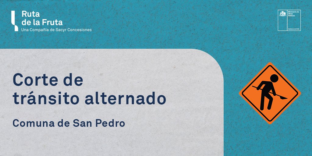 Se informa que a partir del miércoles 17 de abril y hasta el mes de junio se implementa un corte de tránsito alternado de 24 horas en #SanPedrodeMelipilla, entre los kms. 95,3 y 95,9 de la #Ruta66. La medida se efectúa para avanzar con los trabajos de ampliación de la ruta.