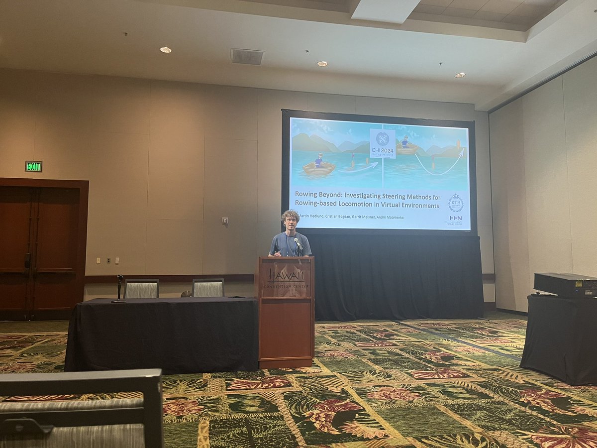 Martin Hedlund presented our #chi2024 paper  titled “Rowing Beyond: Investigating Steering Methods for Rowing-based Locomotion in Virtual Environments”. Check out the paper for more details: dl.acm.org/doi/10.1145/36…