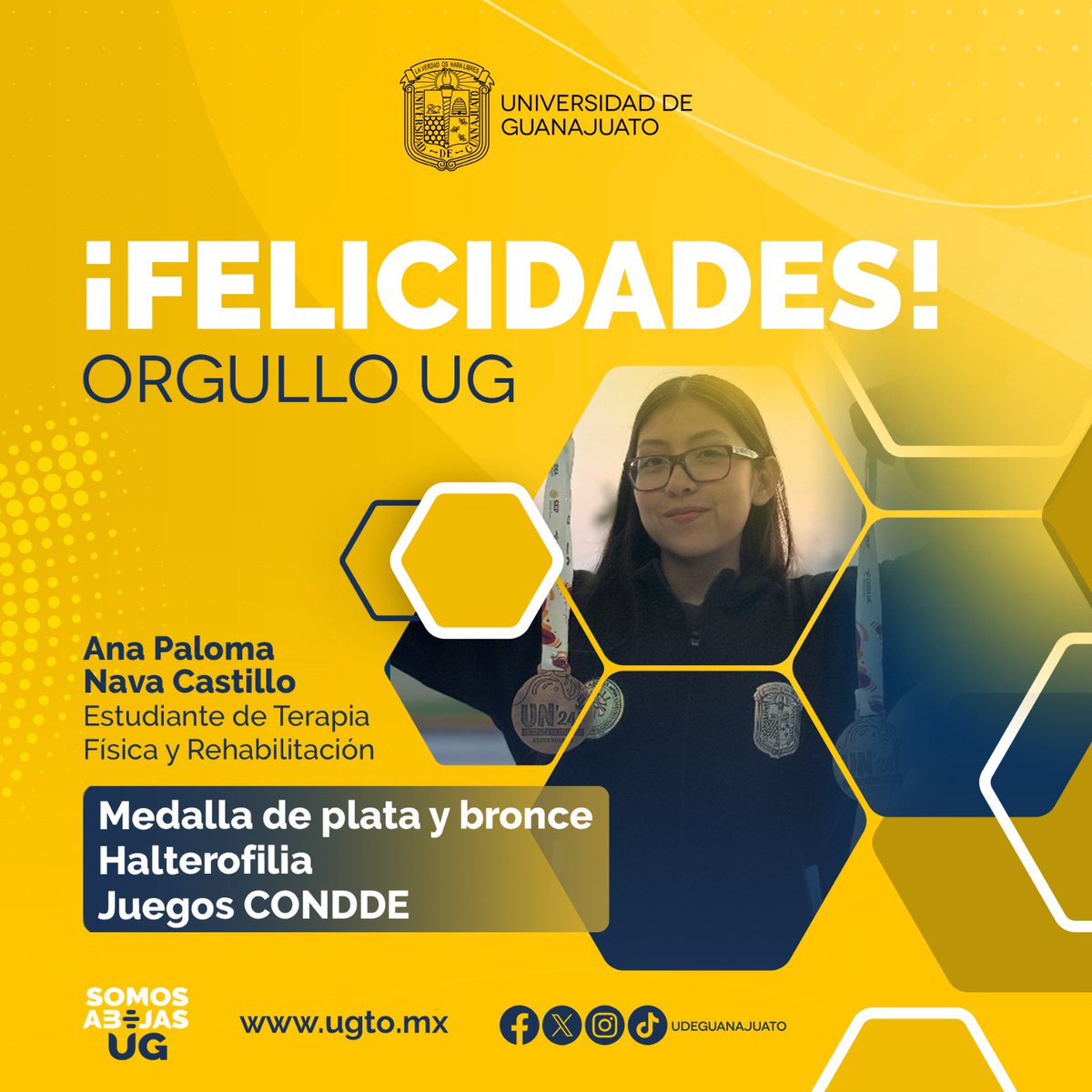¡Enhorabuena a Ana Paloma Nava Castillo, por las preseas obtenidas!

🏅 Medalla de plata en envión con 70kg.
🏅 Medalla bronce en total con 123kg.

#SomosAbejasUG