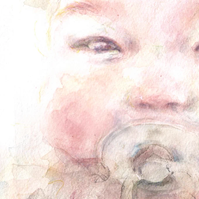 時間をかけて描いていた作品をお届けできました…!朝日のように透き通った肌、澄み切った瞳。見つめられると、その存在に圧倒されるような神々しさも。 肌の色を薄く薄く重ねました、黄色、紅色、黄緑、水色…。血管までも透けて見えるように。 #水彩画 #watercolor