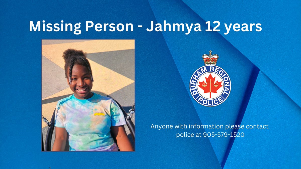 Police are requesting the public's assistance in locating a missing 12-year-old. Jahmya was last seen in the area of Finch Ave and Altona Rd in Pickering. She is wearing a black and red hoodie, white Air Force shoes, and carrying a blue and pink backpack.