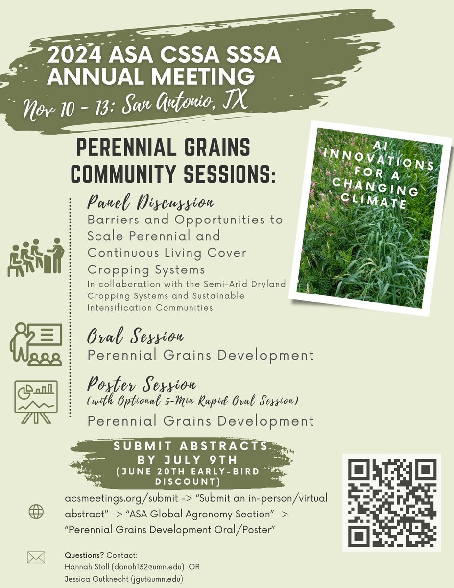 Interested in or currently working on perennial grains / CLC research? Join the Perennial Grains Community at the Tri-Societies meetings this November, and submit an abstract to our oral and poster sessions! Contact @HS_PlantSci or @MKernza w/ questions. @ASA_CSSA_SSSA