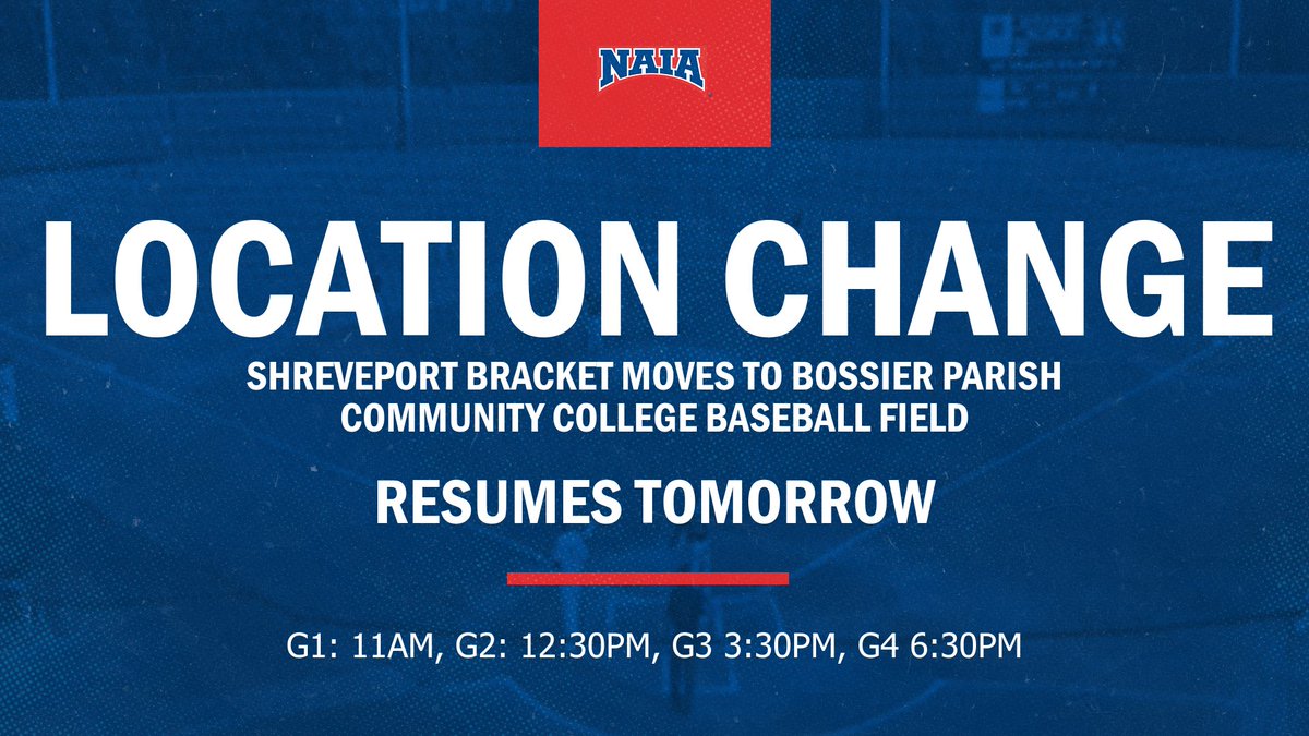⚾️ The Shreveport Bracket, hosted by @LSUS_Athletics, will be relocated to due to field conditions. Tomorrow, Game 1 will resume @ 11AM with @DegaTornadoes leading @bmcsports 12-7 in the 7th. Games 2, 3, & 4 will be played immediately following. #collegebaseball #NAIABaseball