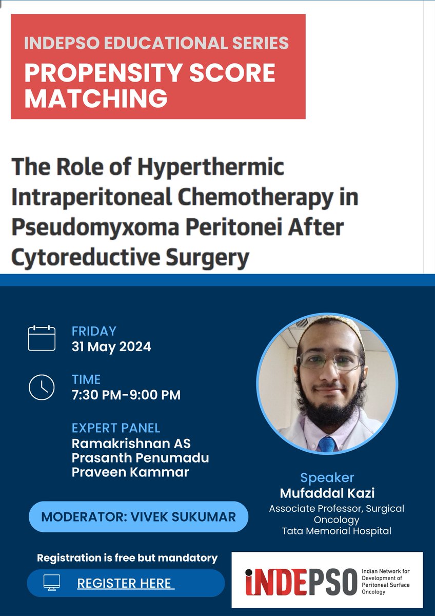 INDEPSO (@indepso) on Twitter photo 📢 Webinar alert
Propensity score matching - how to do it; how to interpret the results of a study
by <a href="/MufaddalKazi/">Mufaddal Kazi</a>
📰pubmed.ncbi.nlm.nih.gov/33502455/
#RamakrishnanAS <a href="/PPenumadu/">Prasanth Penumadu</a> <a href="/DrPraveenKammar/">Praveen Kammar</a>
📅 31 May'24
⏰7.30pm IST
🔗us06web.zoom.us/meeting/regist…
<a href="/PSOGI_EC/">Peritoneal Surface Oncology Group International</a> @SPERITONEUM <a href="/ESSOnews/">European Society of Surgical Oncology (ESSO)</a> 📢 Webinar alert
Propensity score matching - how to do it; how to interpret the results of a study
by <a href="/MufaddalKazi/">Mufaddal Kazi</a>
📰pubmed.ncbi.nlm.nih.gov/33502455/
#RamakrishnanAS <a href="/PPenumadu/">Prasanth Penumadu</a> <a href="/DrPraveenKammar/">Praveen Kammar</a>
📅 31 May'24
⏰7.30pm IST
🔗us06web.zoom.us/meeting/regist…
<a href="/PSOGI_EC/">Peritoneal Surface Oncology Group International</a> @SPERITONEUM <a href="/ESSOnews/">European Society of Surgical Oncology (ESSO)</a>