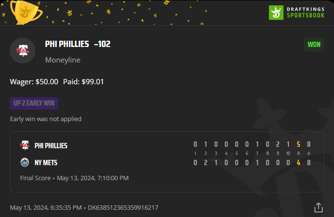 LogicalDFS's tweet photo. In a real rough day, It was incredibly hard to find an #up2early winner. Pitcher matchups were tight, home teams were investable, you just get a feeling like somethings wrong. Just a rough slate. I felt it from the get go. Thought Singer was my man. Lucky to have a long time to work on this one. It paid off. Up the ante until DK catches up. We went to .5 units($50); everyone else lost. LET's GO!!
I'm 25 of 28✅ STRAIGHT BETS in this contest!
Please like & share. I'd like to get the word out to the public, and guys like @MathWinsBets @BetSharpMoney
#up2early @NorthForker12
#mynumbersspeakformeifuask