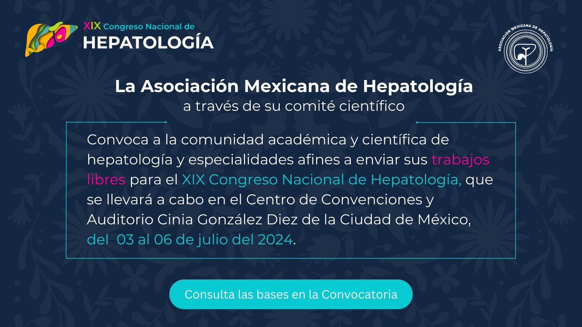 Si eres médico o especialista no te pierdas la oportunidad y participa en los Trabajos Libres del XIX Congreso Nacional de Hepatología 2024 🤓 ➡️ Descarga la Convocatoria: hepatologia.org.mx/wp-content/upl… ¡Te invitamos a participar! 😁 #AMH #reencuentro #hepatología #Convocatoria