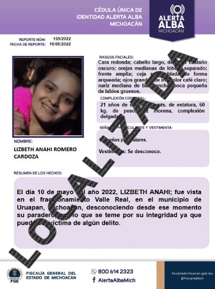 🟣📢 Informamos que LIZETH ANAHÍ ROMERO CARDOZA sido localizada. Gracias por tu apoyo. #AlertaAlba #AlertaAlbaMichoacán #FGEMich @BotDesaparecidx